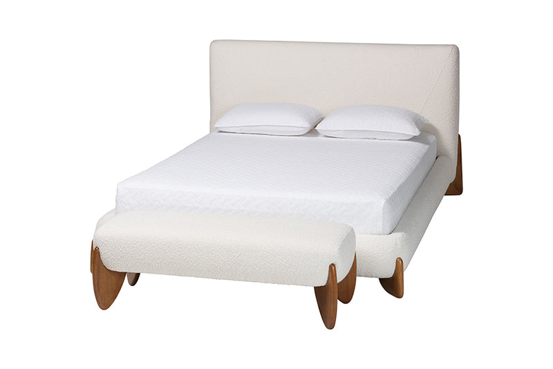 Clarisse Mid-Century Modern Cream Boucle Queen Size 2-Piece Bedroom Set