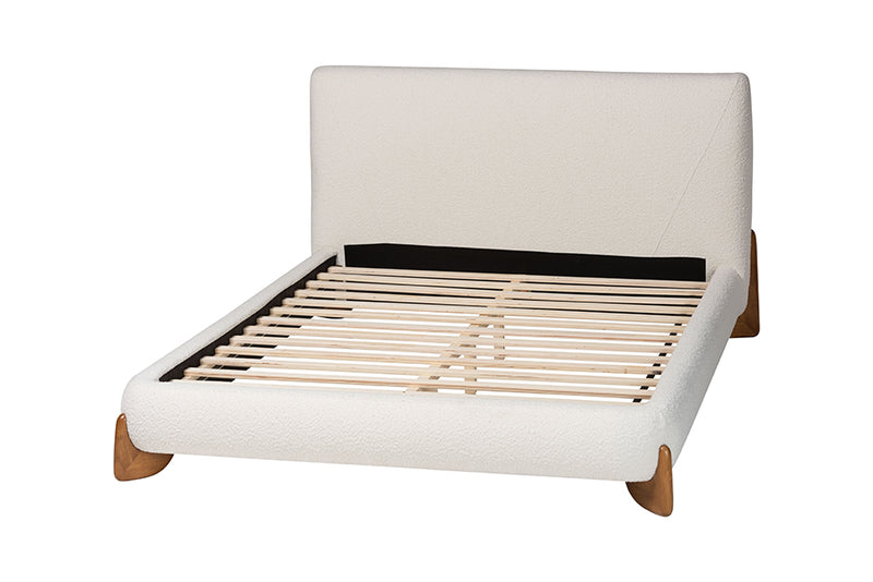 Clarisse Mid-Century Modern Cream Boucle King Platform Bed