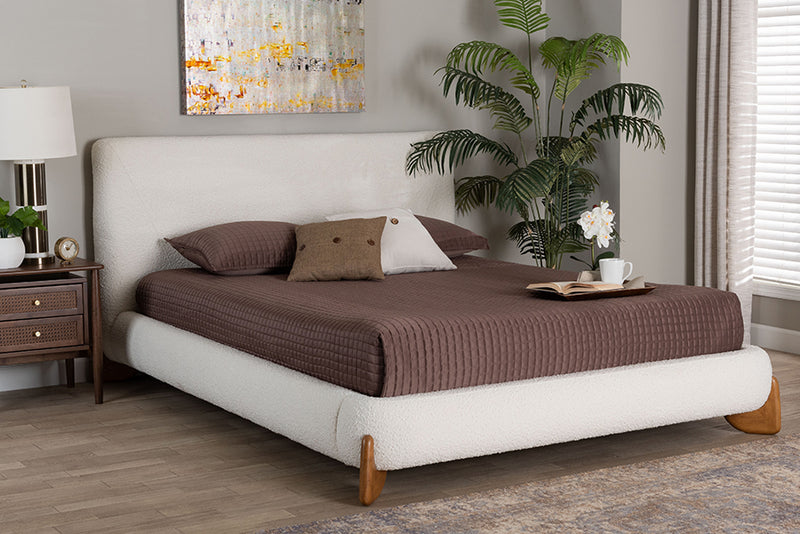 Clarisse Mid-Century Modern Cream Boucle King Platform Bed