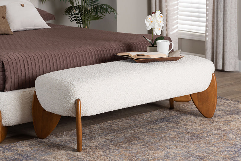 Clarisse Mid-Century Modern Cream Boucle Accent Bench