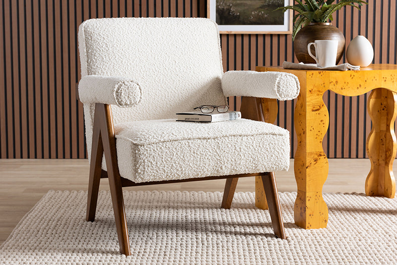 Hawthorn Japandi Cream Boucle and Walnut Brown Wood Accent Chair