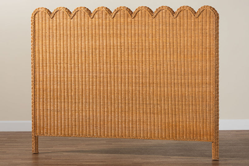 Elwood Bohemian Light Honey Scalloped Rattan Pitrit Queen Standalone Headboard Baxton