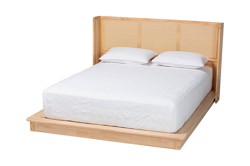 Derenik Japandi Natural Brown Wood Queen Size Platform Bed with Woven Rattan Baxton