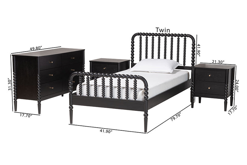 Laverne Black Twin Size 4Pc Bobbin Bedroom Set Baxton