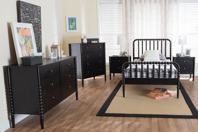 Laverne Black Twin Size 5-Piece Bobbin Bedroom Set Baxton