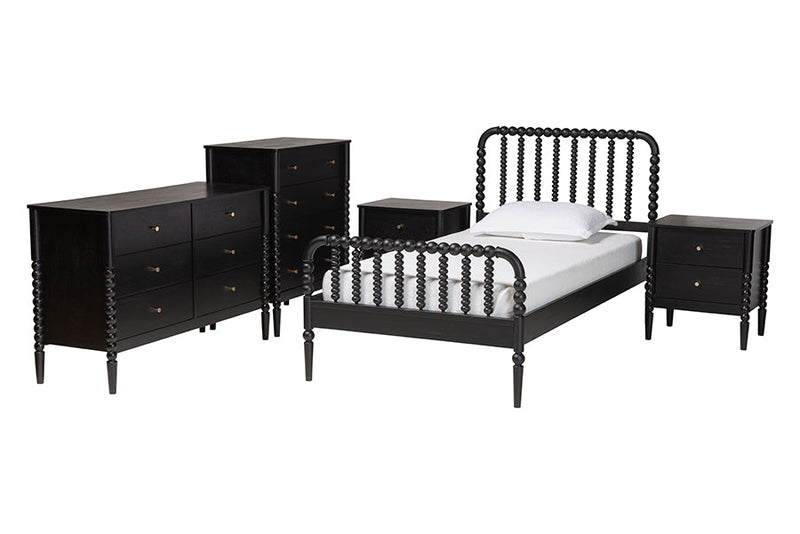 Laverne Black Twin Size 5-Piece Bobbin Bedroom Set Baxton