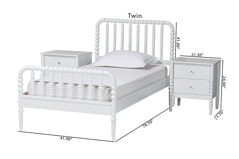 Laverne Mid-Century White Twin Size 3-Piece Bobbin Bedroom Set Baxton
