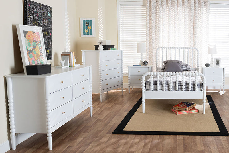 Laverne Mid-Century White Twin Size 5-Piece Bobbin Bedroom Set Baxton