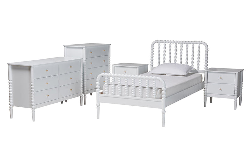 Laverne Mid-Century White Twin Size 5-Piece Bobbin Bedroom Set Baxton