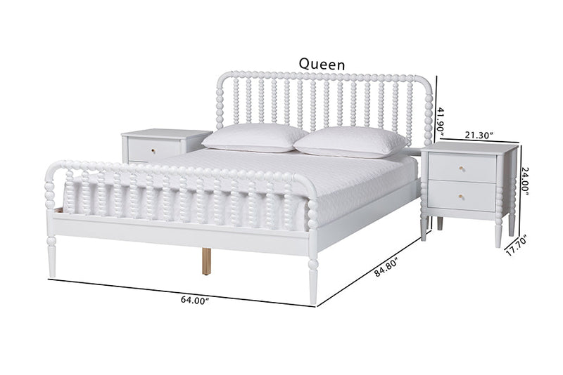 Laverne White Queen Size 3-Piece Bobbin Bedroom Set Baxton