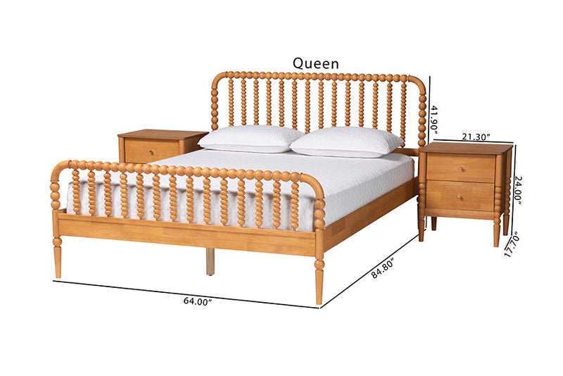 Laverne Oak Brown Queen Size 3-Piece Bobbin Bedroom Set Baxton