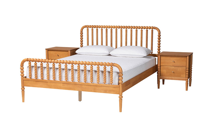 Laverne Oak Brown Queen Size 3-Piece Bobbin Bedroom Set Baxton