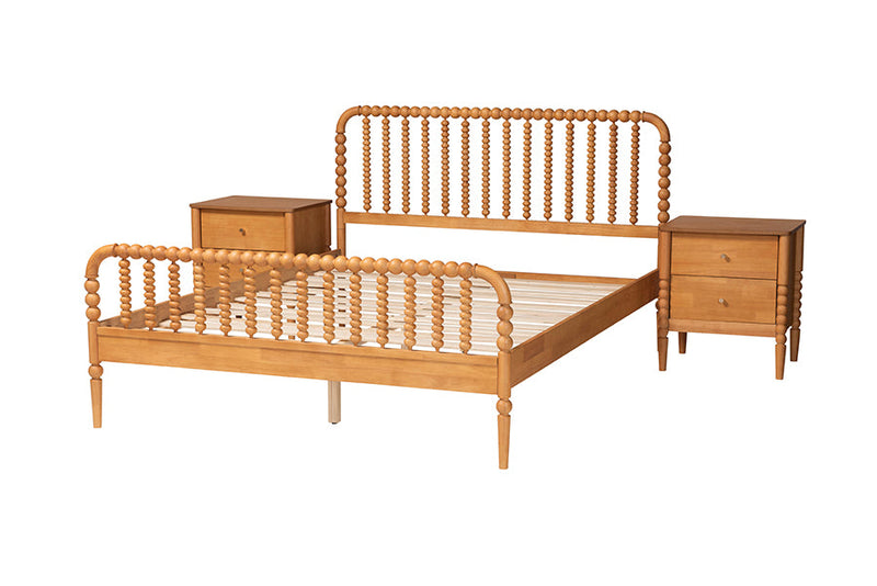 Laverne Oak Brown Queen Size 3-Piece Bobbin Bedroom Set Baxton
