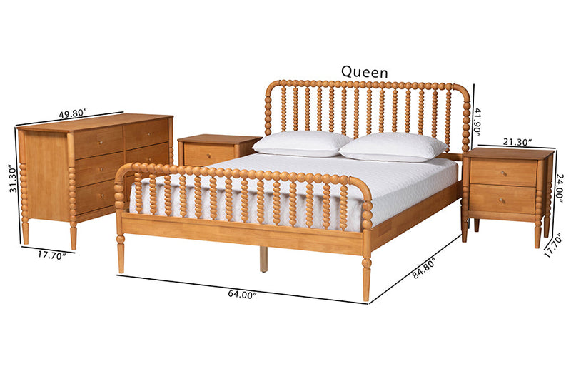 Laverne Oak Brown Queen Size 4Pc Bobbin Bedroom Set Baxton