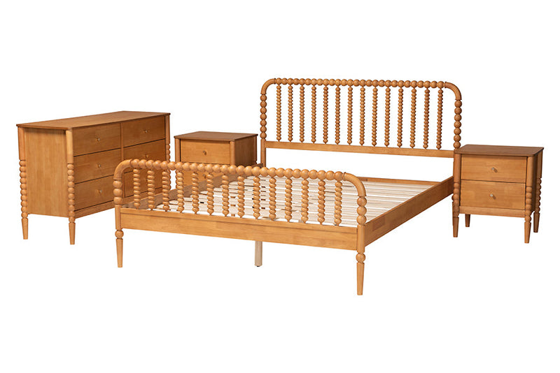 Laverne Oak Brown Queen Size 4Pc Bobbin Bedroom Set Baxton