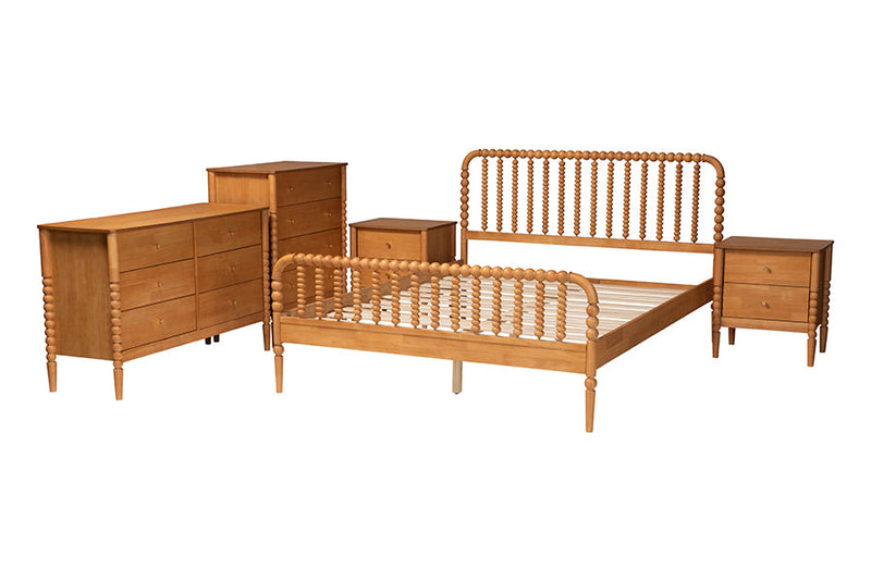 Laverne Oak Brown Queen Size 5-Piece Bobbin Bedroom Set Baxton