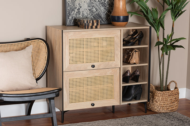 Serra Mid-Century Modern Oak Brown Wood Shoe Cabinet w/Flipper Doors