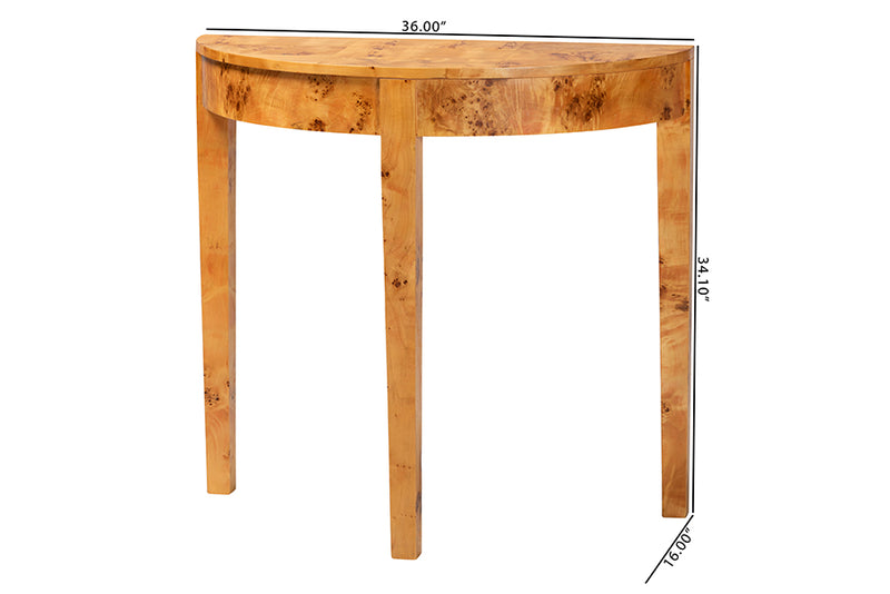 Falk Modern and Contemporary Natural Real Burl Wood Half-Moon Console Table