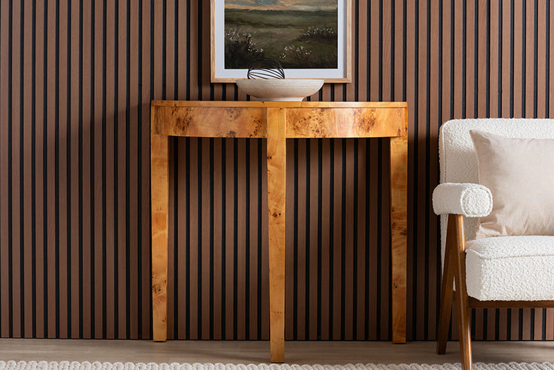Falk Natural Real Burl Wood Half-Moon Console Table Baxton