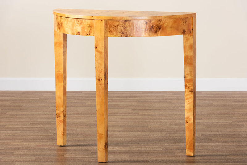 Falk Natural Real Burl Wood Half-Moon Console Table Baxton