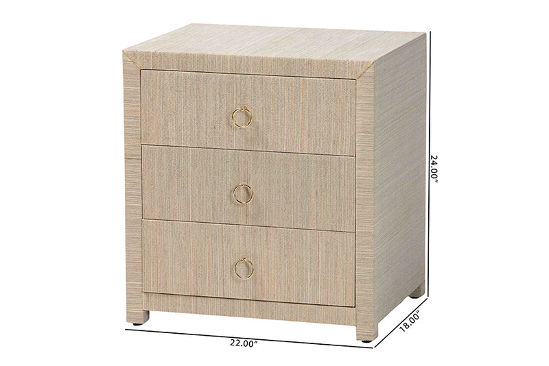 Rasa Bohemian Woven Natural Grasscloth 3-Drawer Nightstand