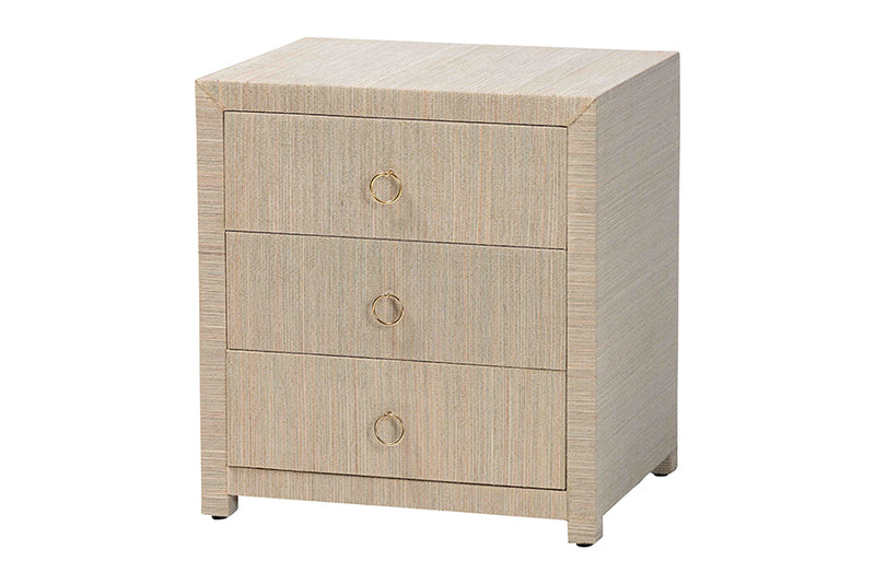 Rasa Bohemian Woven Natural Grasscloth 3-Drawer Nightstand