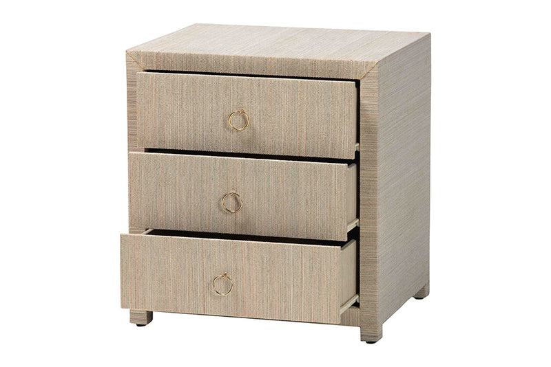 Rasa Bohemian Woven Natural Grasscloth 3-Drawer Nightstand Baxton