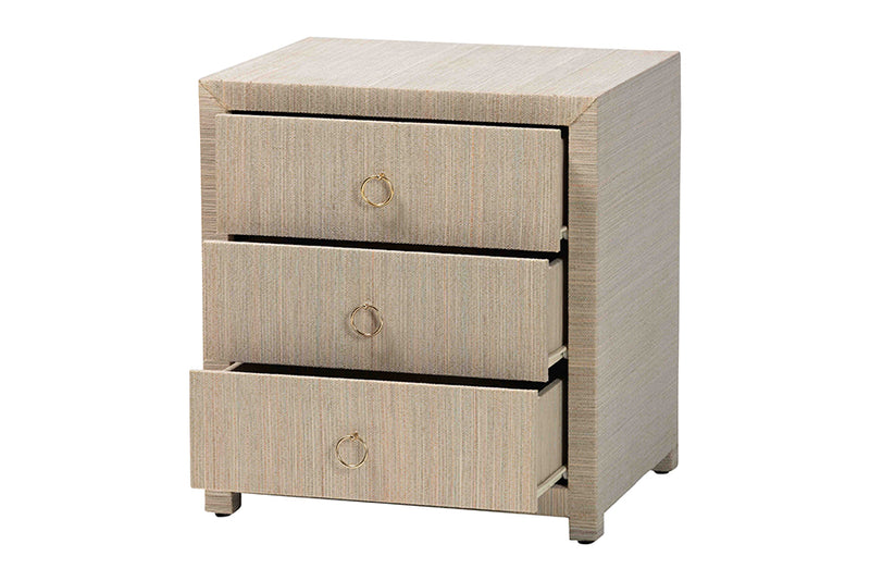 Rasa Bohemian Woven Natural Grasscloth 3-Drawer Nightstand