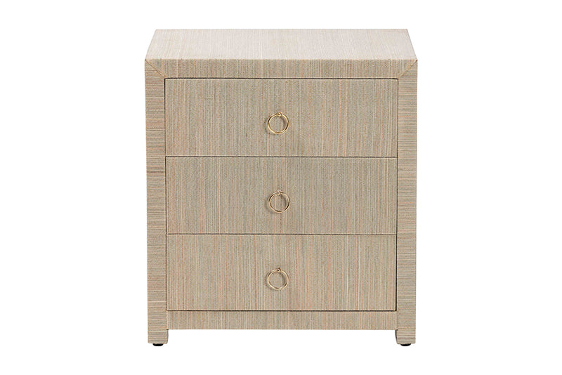 Rasa Bohemian Woven Natural Grasscloth 3-Drawer Nightstand