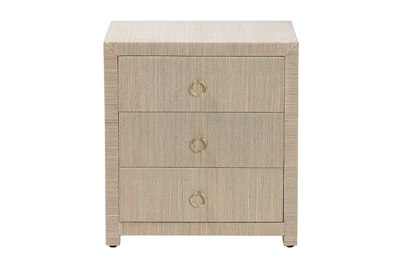 Rasa Bohemian Woven Natural Grasscloth 3-Drawer Nightstand Baxton