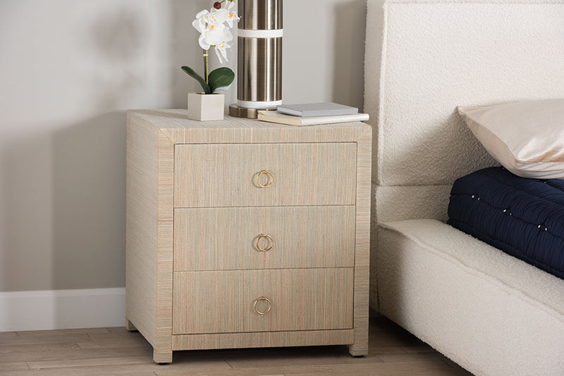 Rasa Bohemian Woven Natural Grasscloth 3-Drawer Nightstand