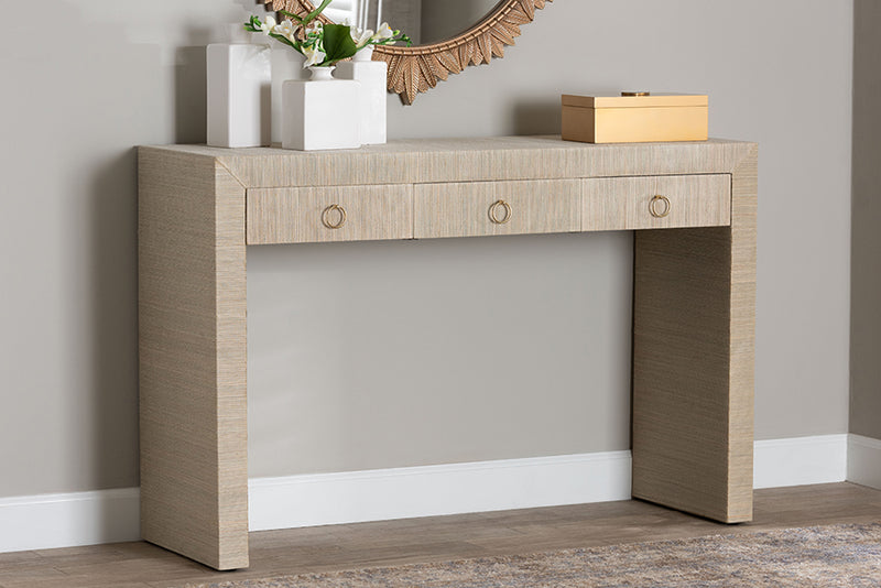 Templemore Bohemian Woven Natural Grasscloth 3-Drawer Console Table