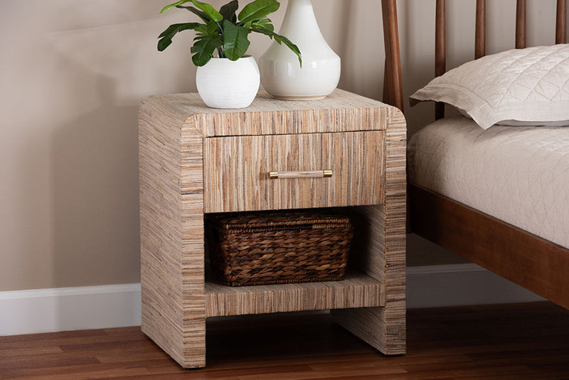 Paisley Bohemian Woven Natural Grasscloth 1-Drawer Nightstand Baxton