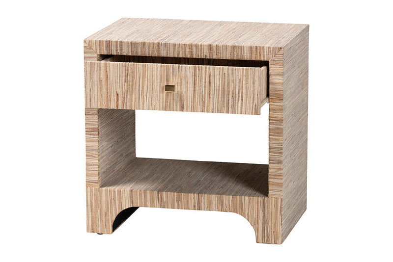 Ulric Bohemian Woven Natural Grasscloth 1-Drawer Nightstand Baxton