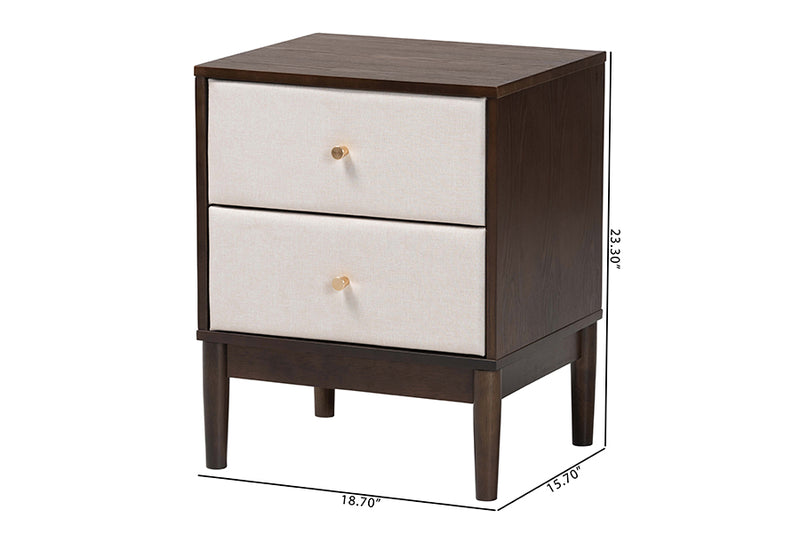 Verene Mid-Century Beige Fabric and Wenge Brown Wood 2-Drawer Nightstand