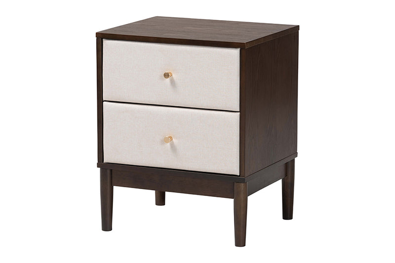 Verene Mid-Century Beige Fabric and Wenge Brown Wood 2-Drawer Nightstand