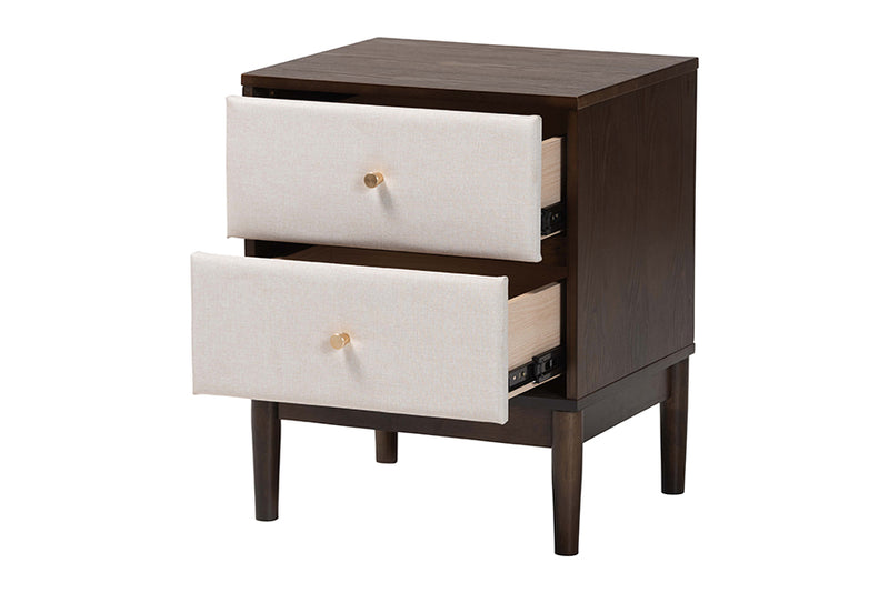 Verene Mid-Century Beige Fabric and Wenge Brown Wood 2-Drawer Nightstand