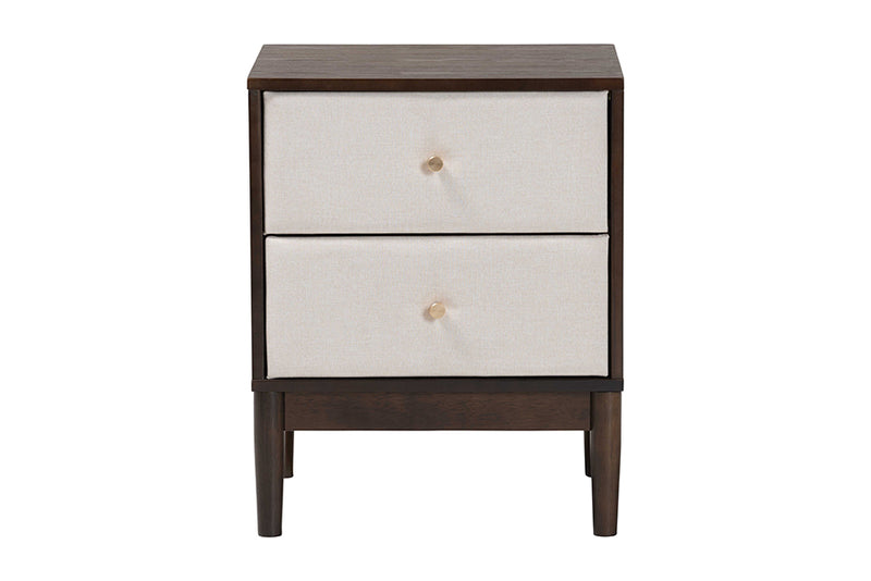 Verene Mid-Century Beige Fabric and Wenge Brown Wood 2-Drawer Nightstand