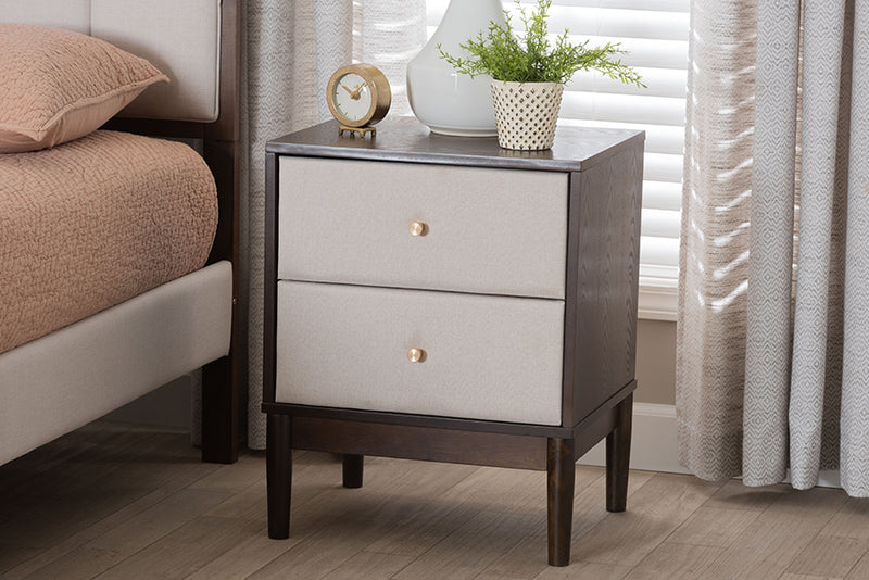 Verene Mid-Century Beige Fabric and Wenge Brown Wood 2-Drawer Nightstand