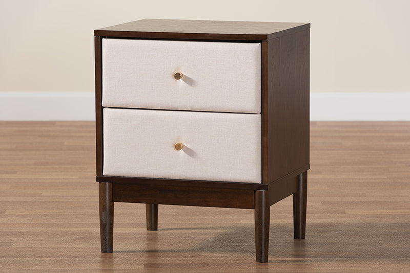 Verene Mid-Century Beige Fabric and Wenge Brown Wood 2-Drawer Nightstand