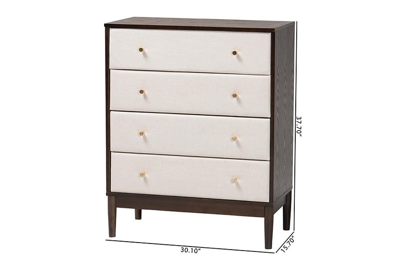 Verene Mid-Century Beige Fabric and Wenge Brown Wood 4-Drawer Chest