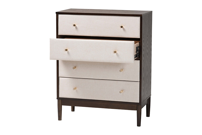 Verene Mid-Century Beige Fabric and Wenge Brown Wood 4-Drawer Chest