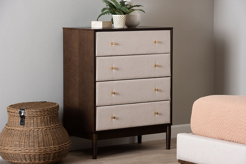 Verene Mid-Century Beige Fabric and Wenge Brown Wood 4-Drawer Chest