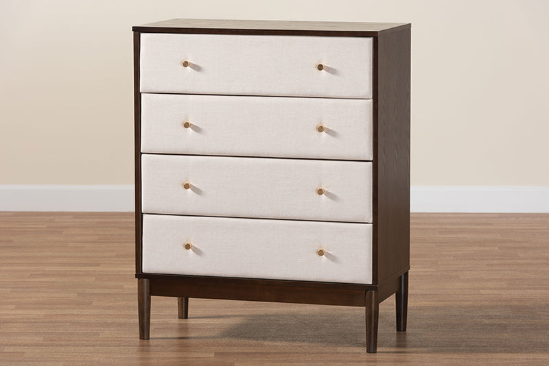 Verene Mid-Century Beige Fabric and Wenge Brown Wood 4-Drawer Chest