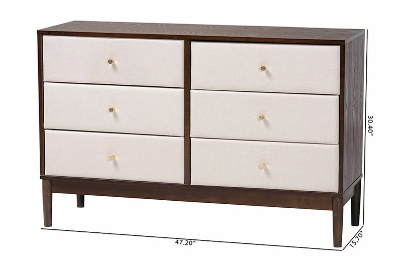 Verene Mid-Century Beige Fabric and Wenge Brown Wood 6-Drawer Dresser