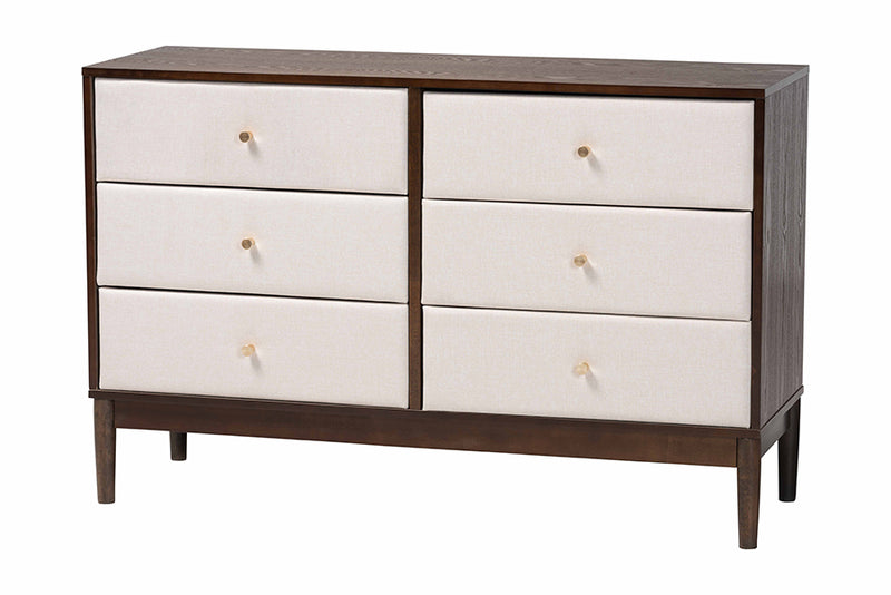 Verene Mid-Century Beige Fabric and Wenge Brown Wood 6-Drawer Dresser