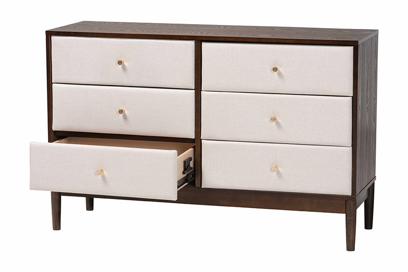 Verene Mid-Century Beige Fabric and Wenge Brown Wood 6-Drawer Dresser