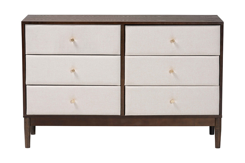 Verene Mid-Century Beige Fabric and Wenge Brown Wood 6-Drawer Dresser