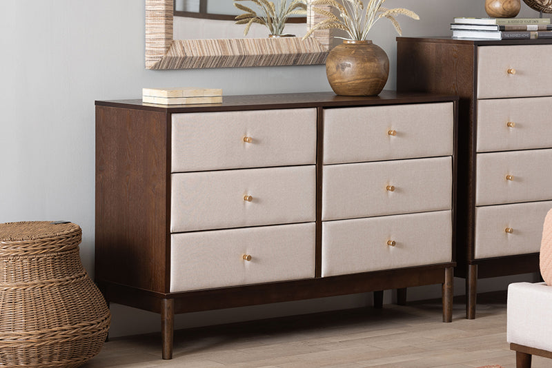 Verene Mid-Century Beige Fabric and Wenge Brown Wood 6-Drawer Dresser