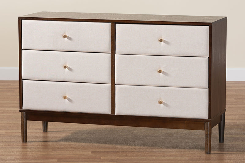 Verene Mid-Century Beige Fabric and Wenge Brown Wood 6-Drawer Dresser